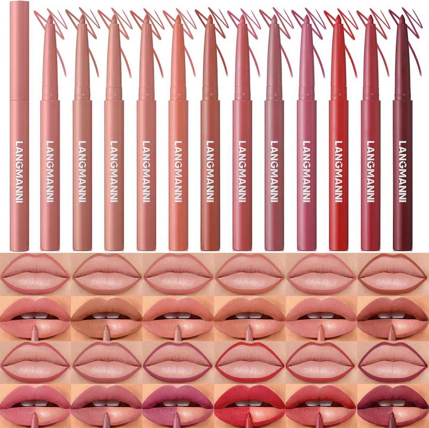 LANGMANNI 12 colors matte velvet lip liner set with high pigment waterproof pencils