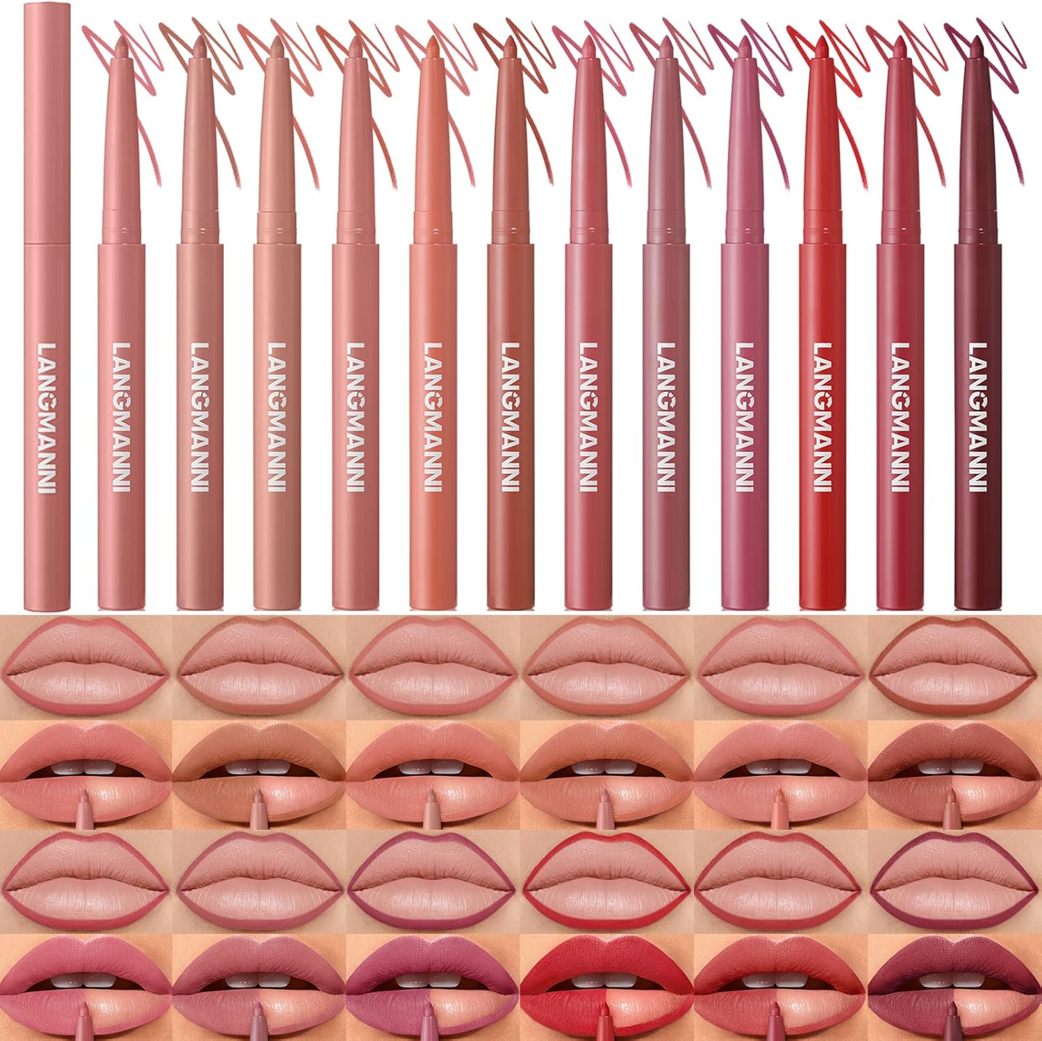 LANGMANNI 12 colors matte velvet lip liner set with high pigment waterproof pencils