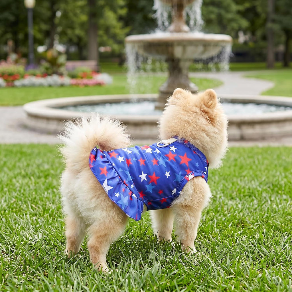 Yeabwps red white and blue pet dress laid flat showing sleeveless vest style design