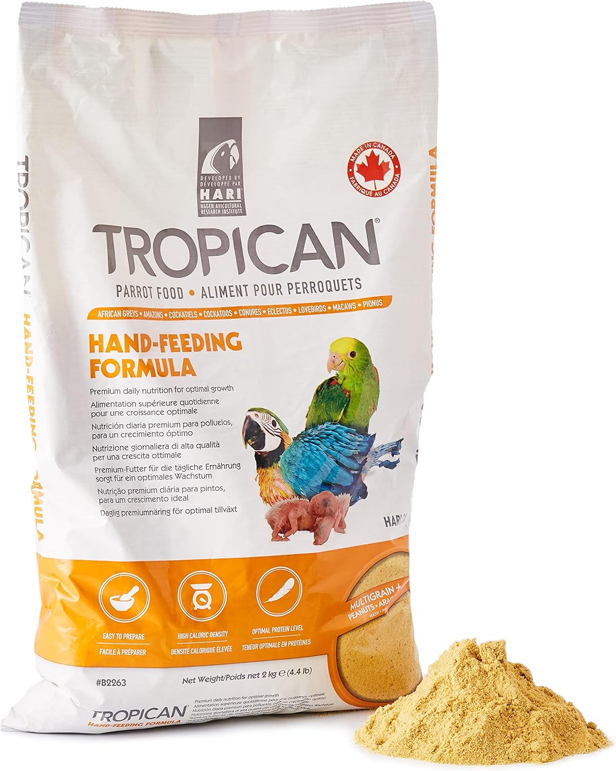 Close up of HARI Tropican bird food texture and powder consistency