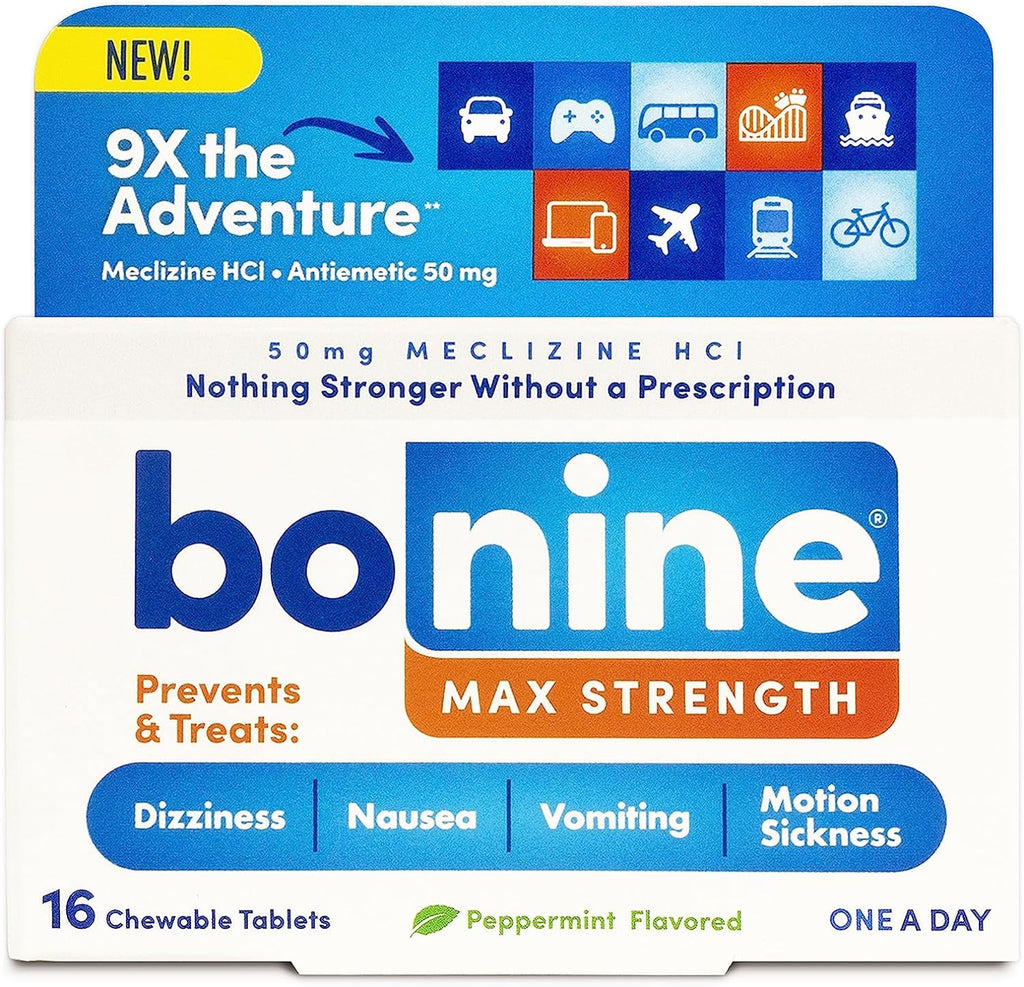 Bonine MAX chewable motion sickness relief tablets packaging front view