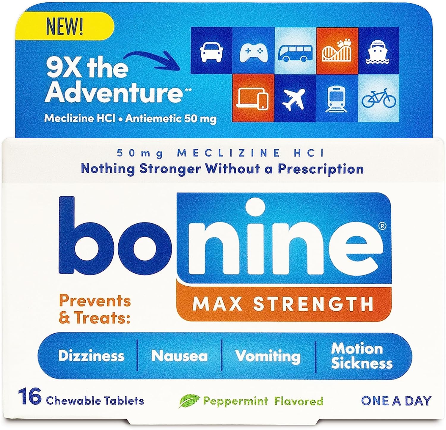 Bonine MAX chewable motion sickness relief tablets packaging front view