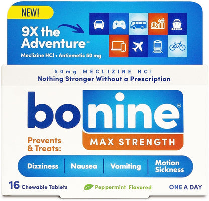 Bonine MAX chewable motion sickness relief tablets packaging front view