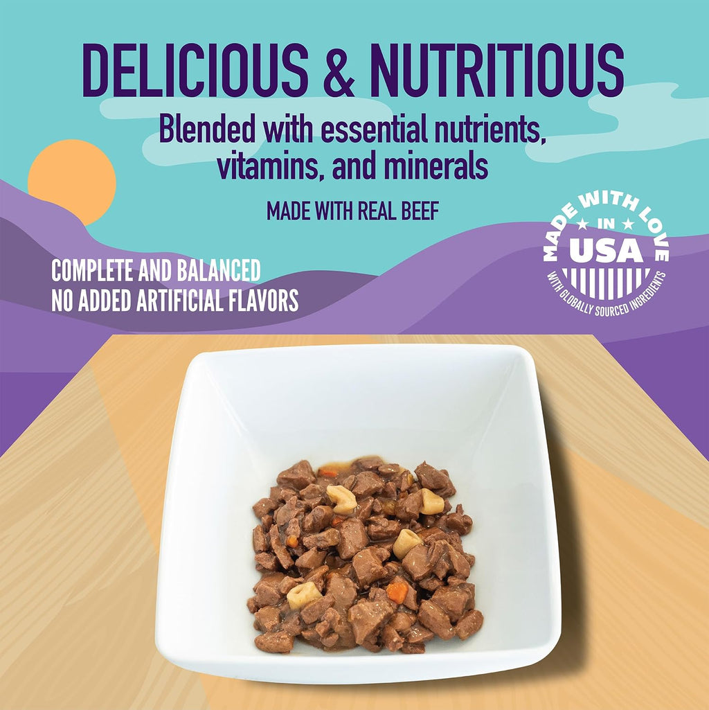 Serving suggestion of A Strong Heart beef stew in a dog bowl