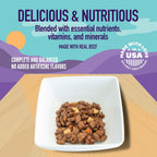 Serving suggestion of A Strong Heart beef stew in a dog bowl