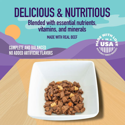 Serving suggestion of A Strong Heart beef stew in a dog bowl