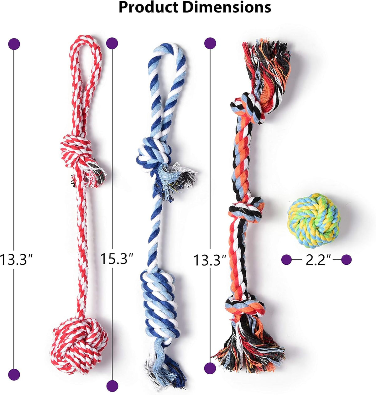 Fida single knot cotton rope toy with ball attachment highlighting the safe and washable materials.