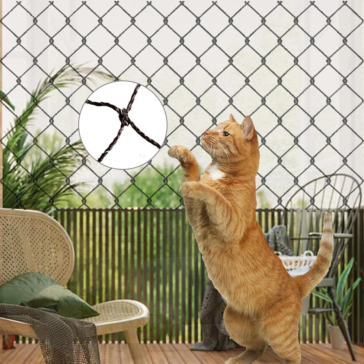 Weather resistant cat safety net applied to outdoor railing