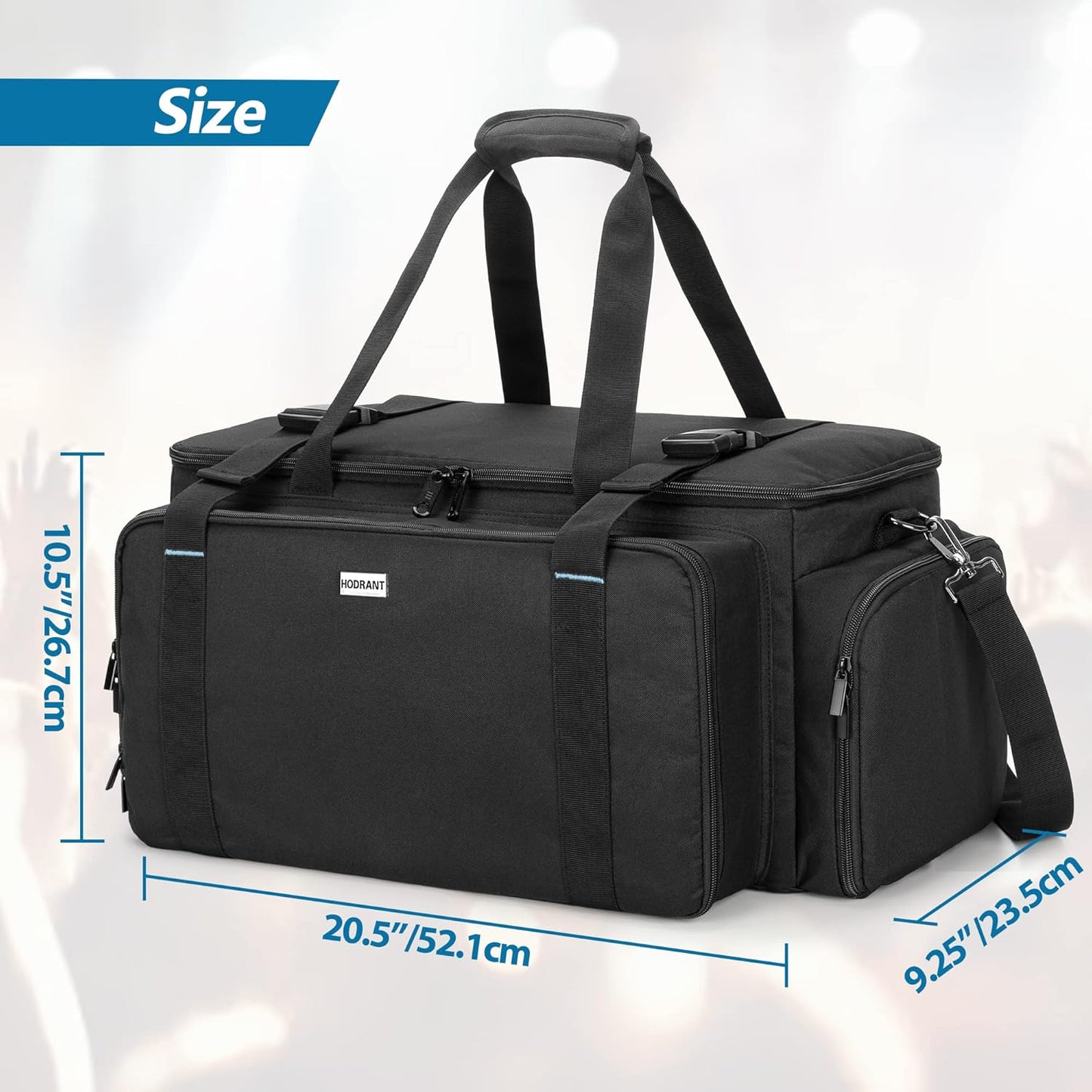 HODRANT durable DJ equipment bag demonstrating the reinforced padded bottom and external load bearing buckles.