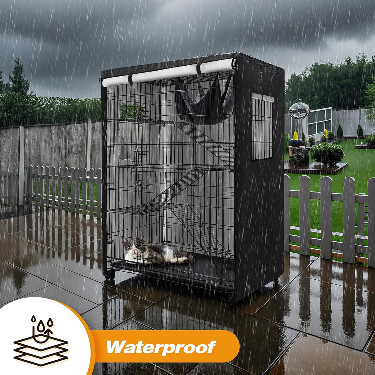 Weatherproof small animal cage guard featuring breathable side ventilation windows