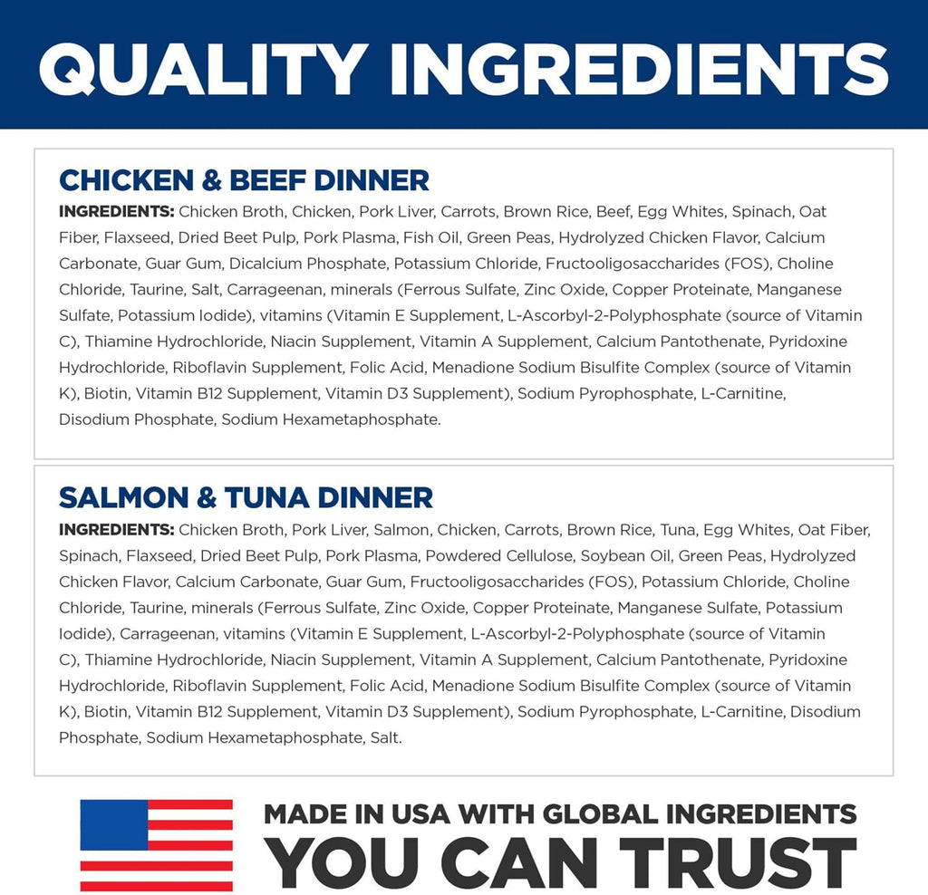 Back label of Hill's Science Diet 12-pack pouch box detailing nutritional information and ingredients.
