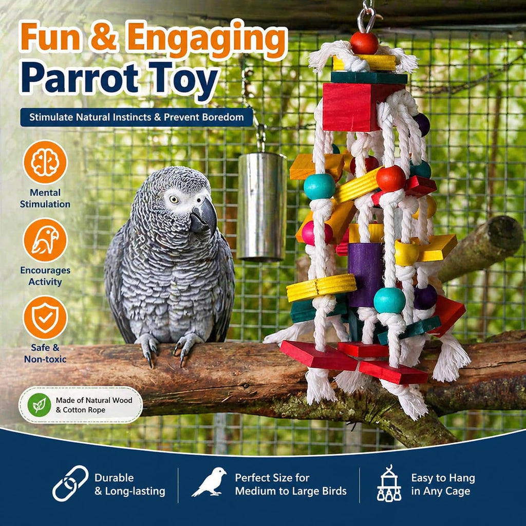 Small parrot playing with Rypet wood and rope bite toy.