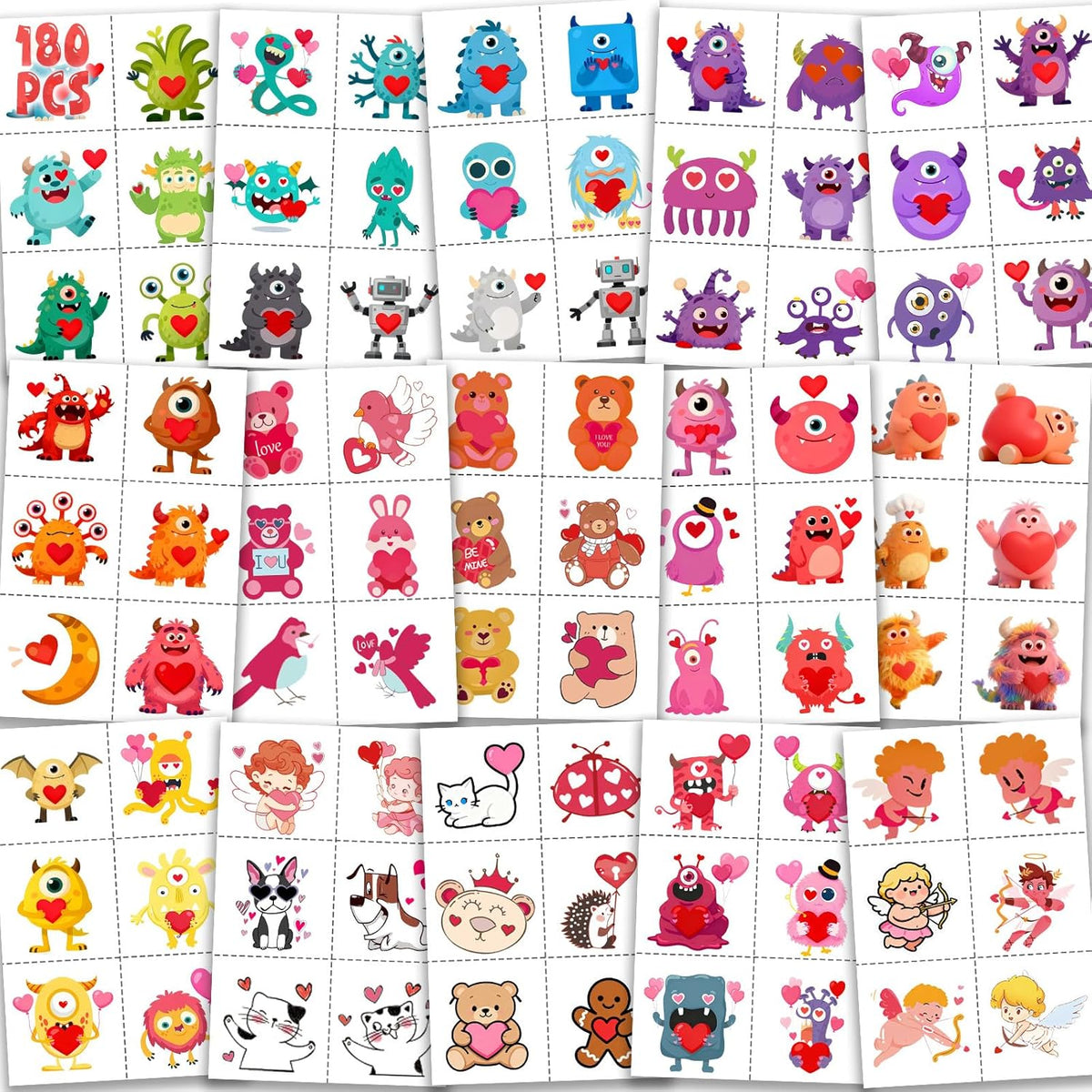 Sellentduct 180 Pieces Valentine's Day kids temporary tattoos front packaging view.