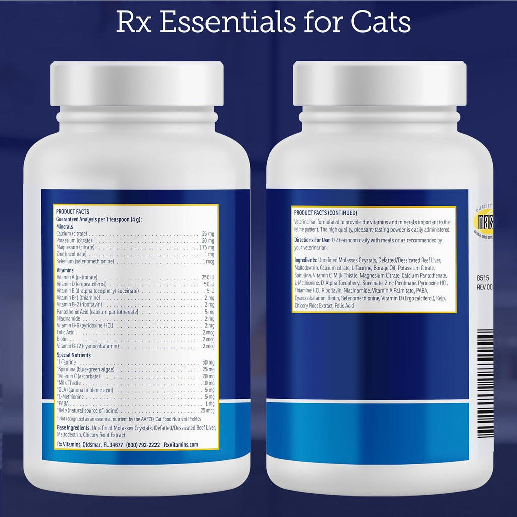Authentic USA-imported Rx Vitamins cat multivitamin powder container graphic.
