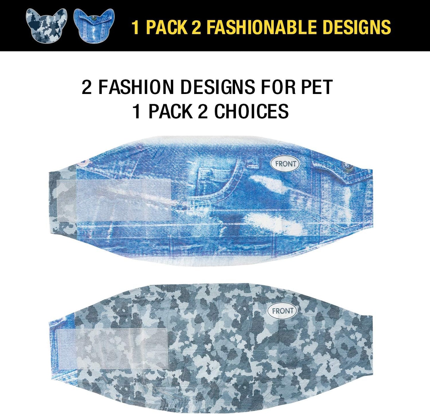 Side view of Dono male dog diaper belly bands with camouflage and fashion patterns