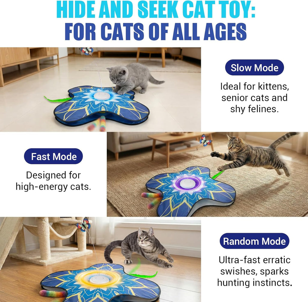 Automatic moving concealed wand feather toy for indoor cats demonstrating the sound control settings.