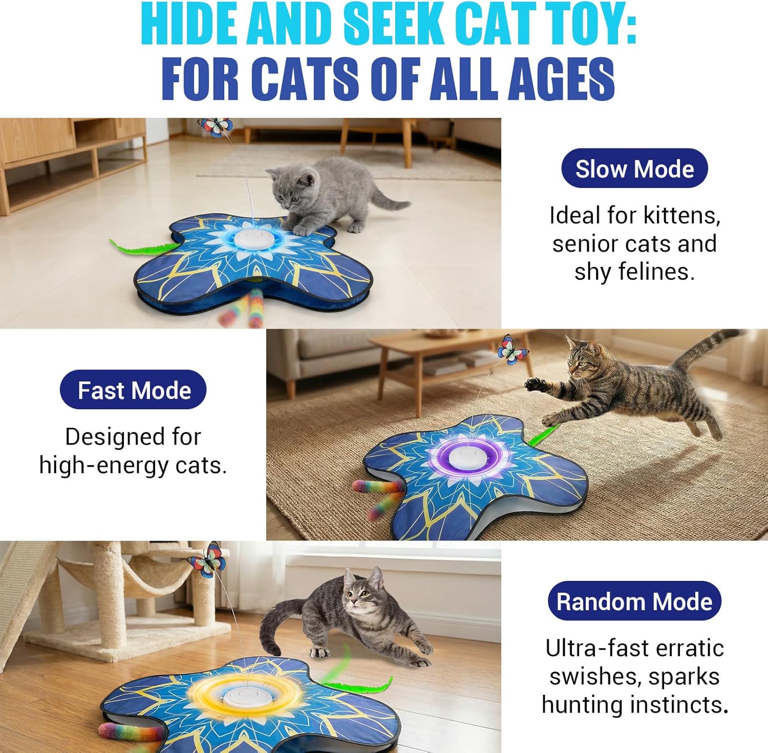 Automatic moving concealed wand feather toy for indoor cats demonstrating the sound control settings.