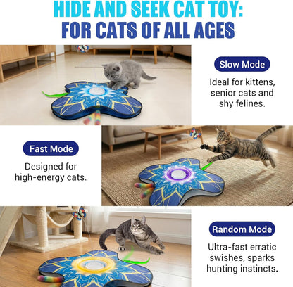 Automatic moving concealed wand feather toy for indoor cats demonstrating the sound control settings.