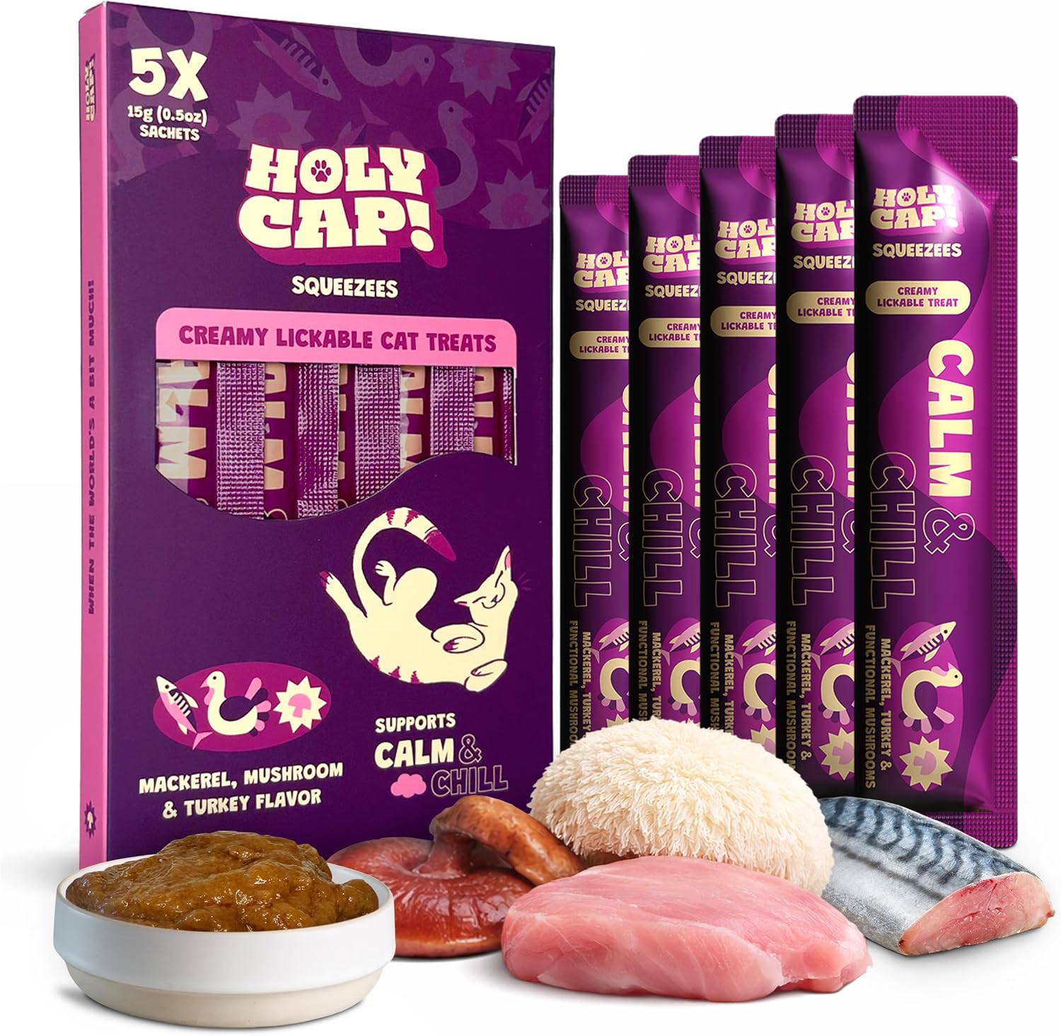 Holy Cap Calm and Chill Mackerel and Turkey cat treat box front view