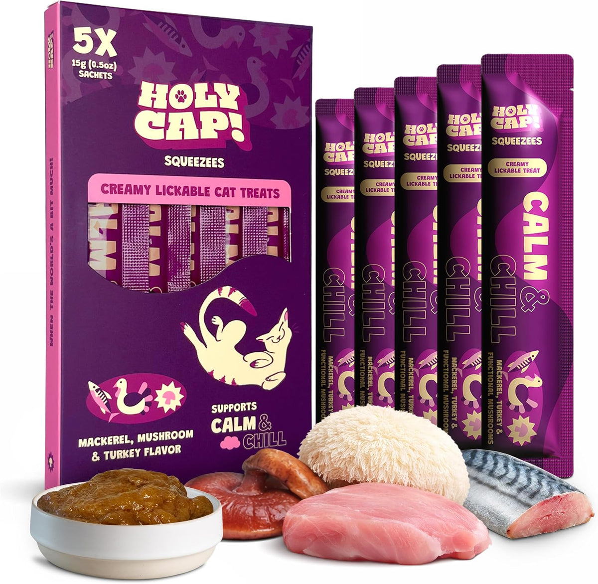Holy Cap Calm and Chill Mackerel and Turkey cat treat box front view