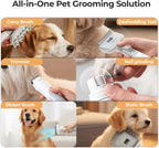 Electric hair clipper attachment on the Larkon pet grooming station for trimming dog fur.