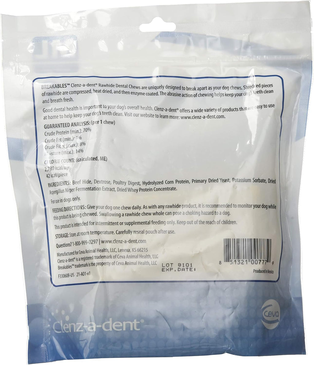 Close up of enzyme coated rawhide chew stick demonstrating the safe breakable texture for dog dental care