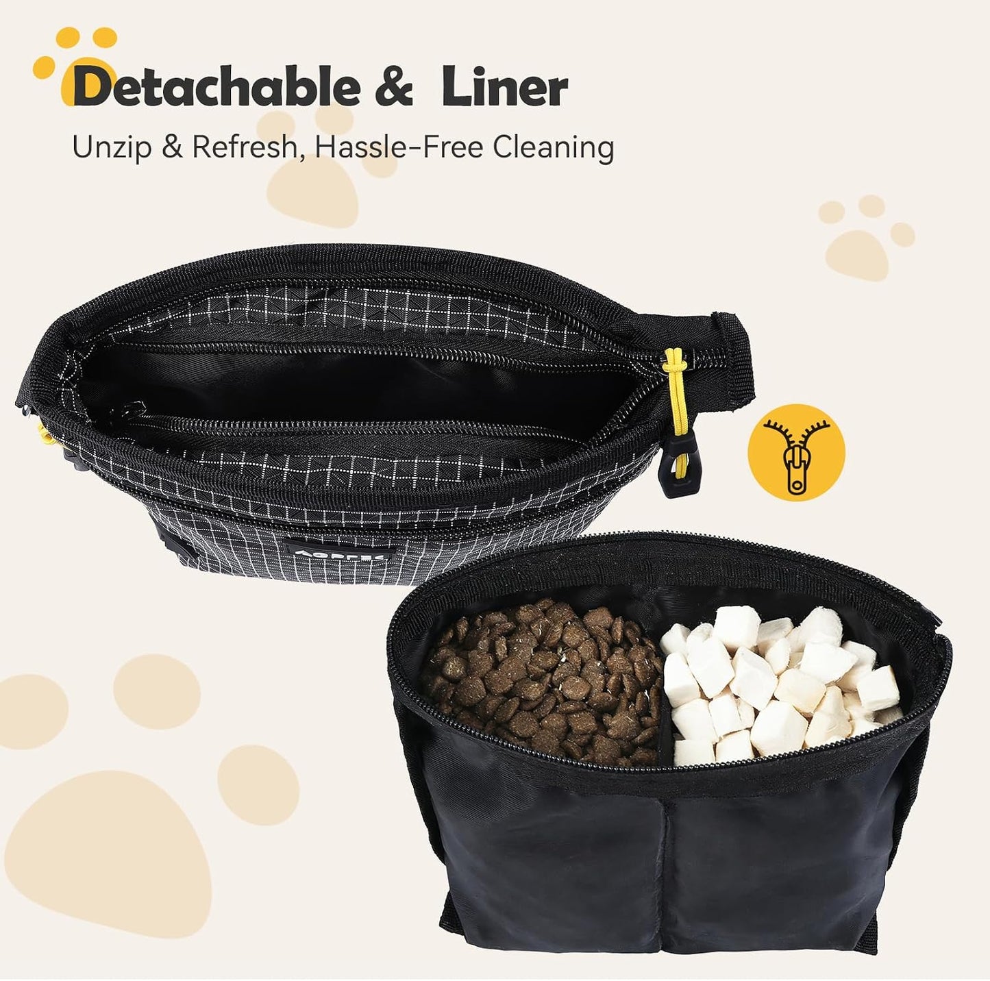 Interior view of Agptek treat pouch with split snack divider