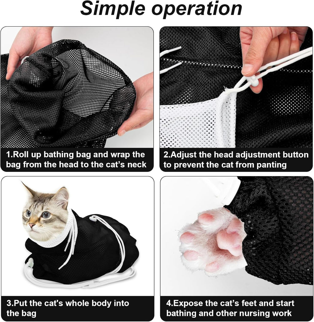 Multi functional pet grooming bag with headgear design to prevent bites during ear cleaning.