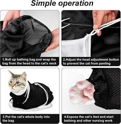 Multi functional pet grooming bag with headgear design to prevent bites during ear cleaning.