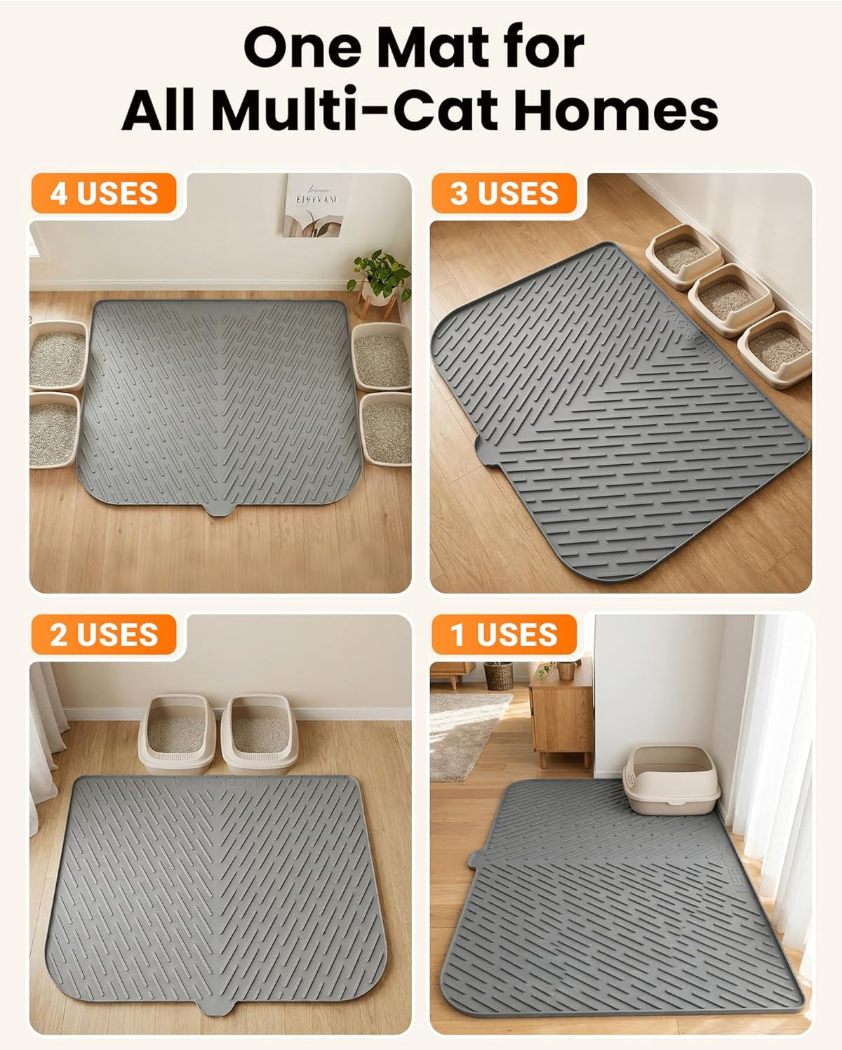 Cat stepping out of a litter box onto the soft grey silicone trapping mat.