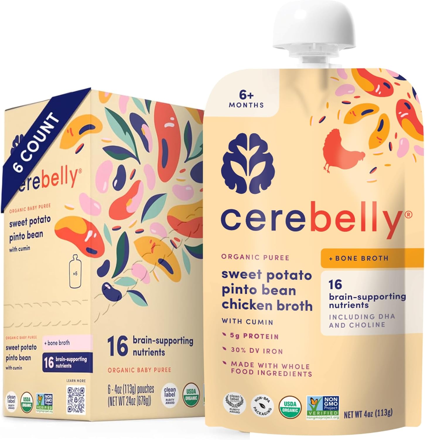 Cerebelly Organic Sweet Potato Pinto Bean baby food pouch front view.