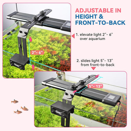 Hygger aquarium light riser showing sliding plastic clips adjusting front to back on a planted fish tank