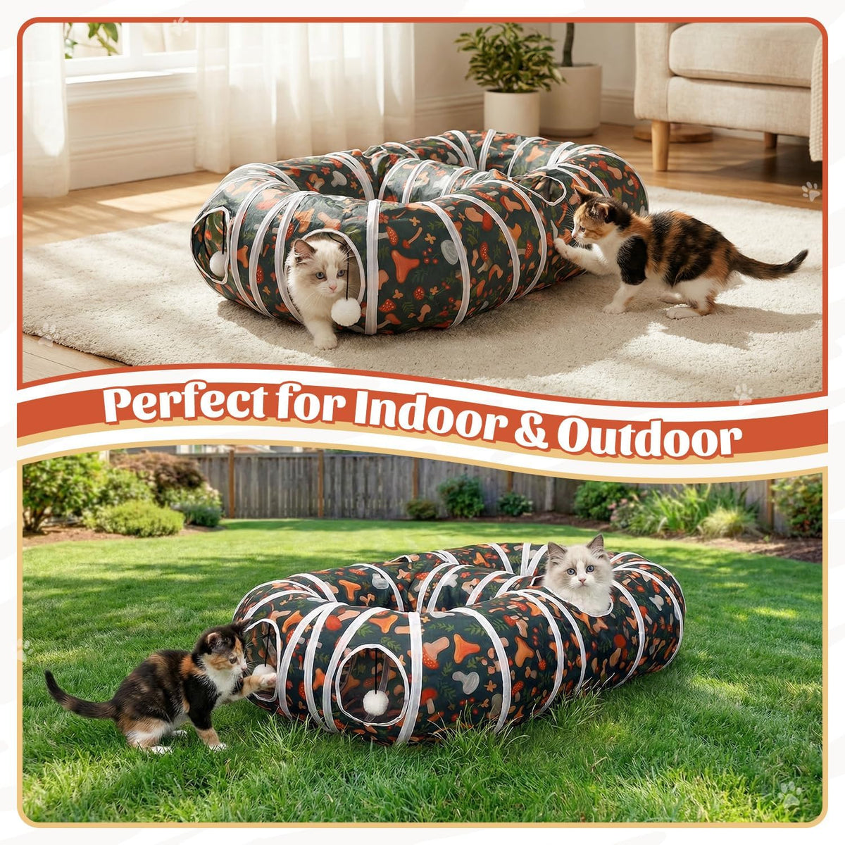 Two kittens playing together inside the 8 shaped collapsible pet tube.