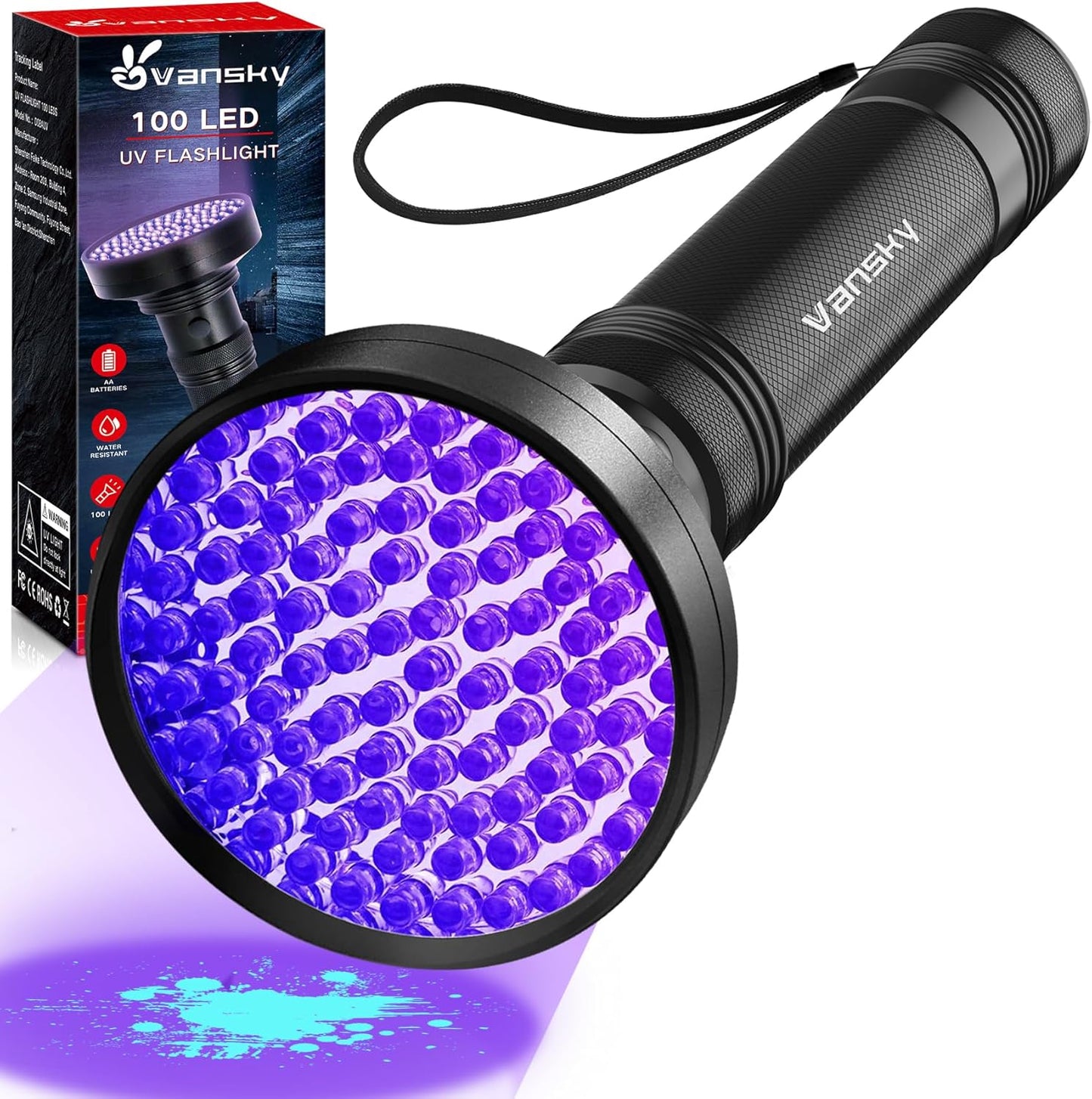 Vansky Black Light UV Flashlight front view highlighting the 100 LED purple hued lens.