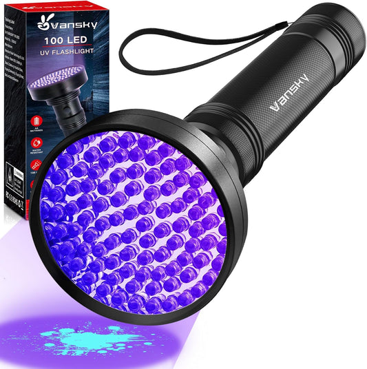 Vansky Black Light UV Flashlight front view highlighting the 100 LED purple hued lens.