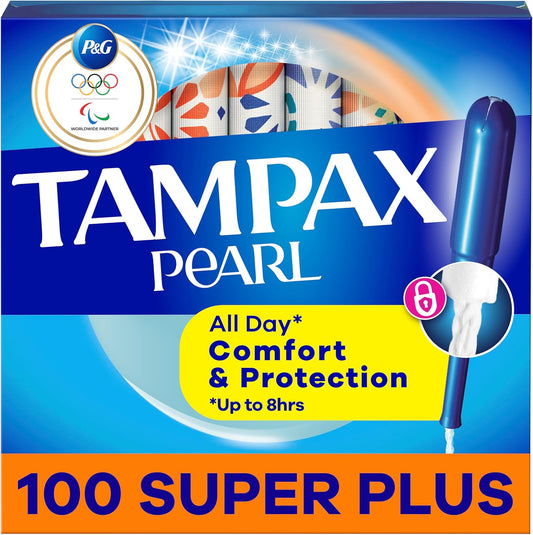 Tampax Pearl Super Plus 100 count box front view for heavy flow protection.