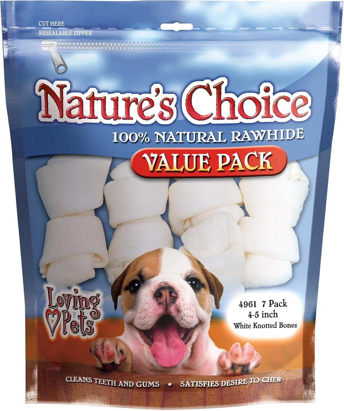 Three to four inch white knotted puppy bones packaging close up