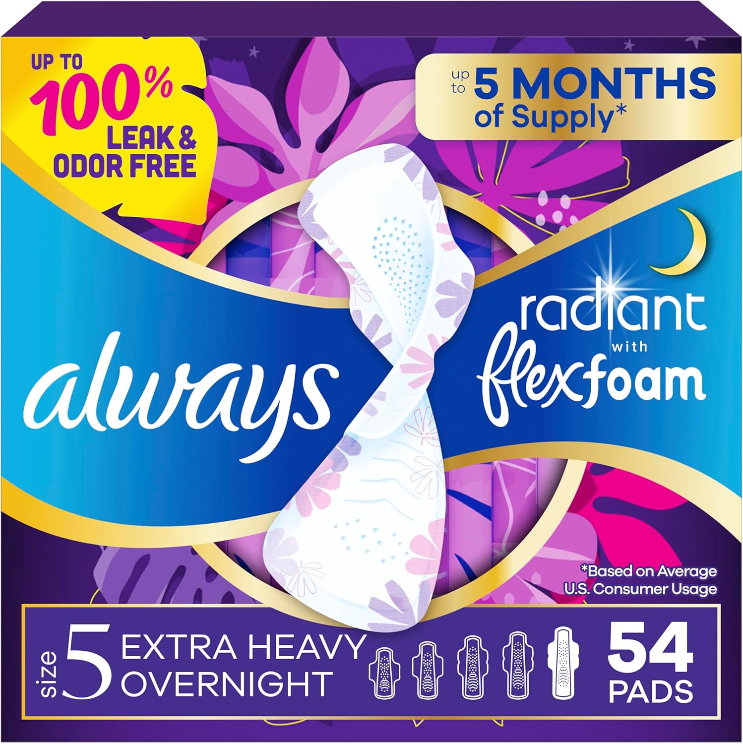 Always Radiant Feminine Pads Size 5 front packaging for overnight protection.
