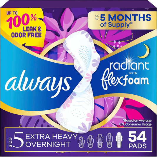 Always Radiant Feminine Pads Size 5 front packaging for overnight protection.