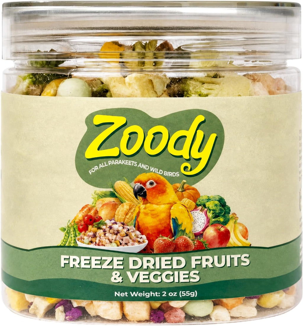 Zoody parakeet treat jar displayed next to a sun conure bird
