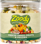 Zoody parakeet treat jar displayed next to a sun conure bird