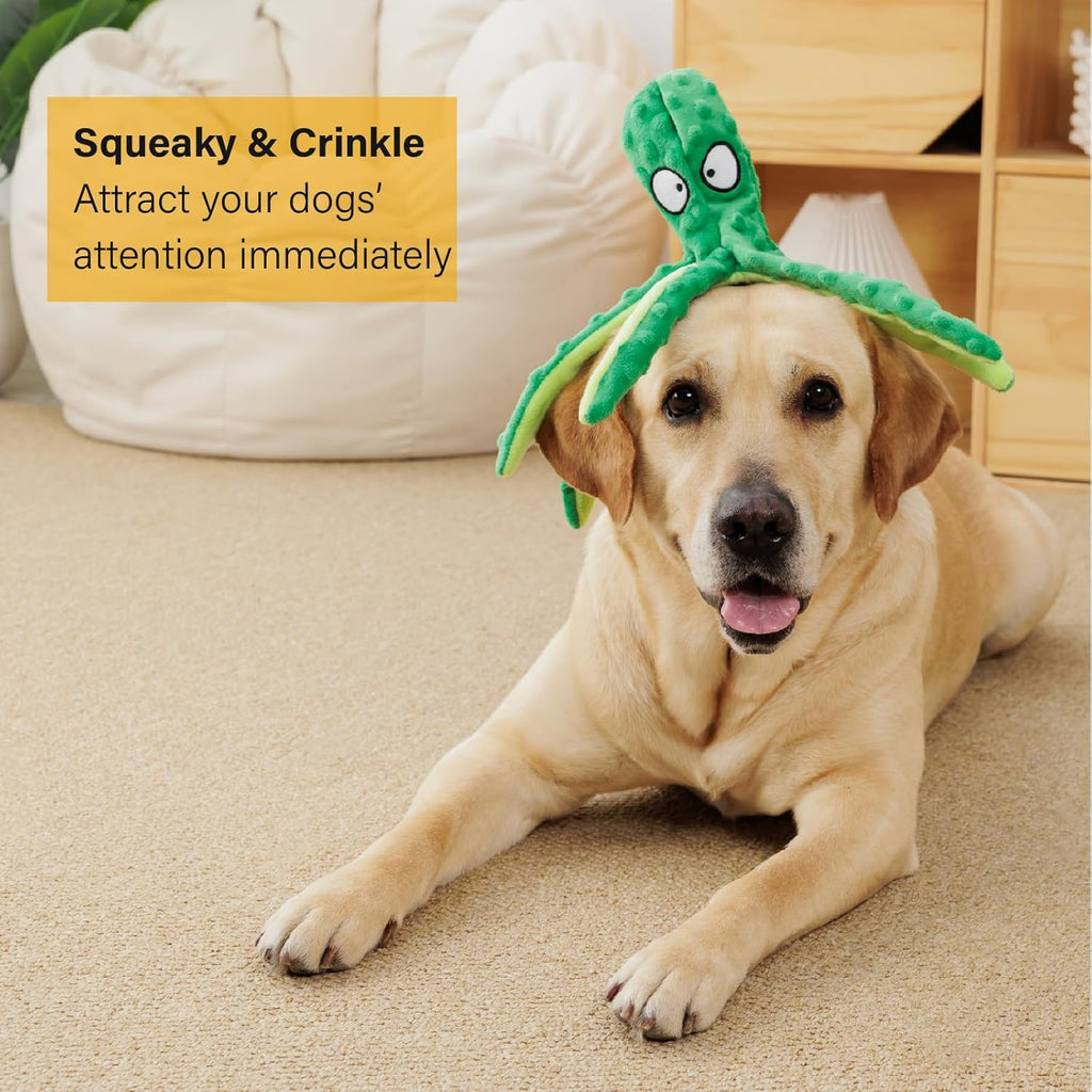 Stuffing free plush dog chew toys displaying the long crinkle tentacles.