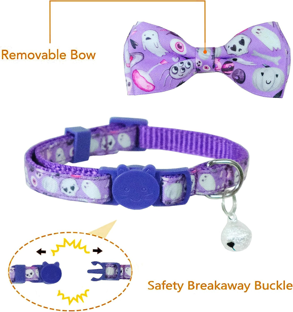 Close up of Pohshido cat collar breakaway buckle and silver bell