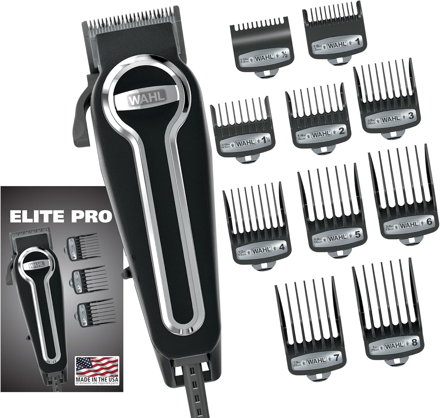 Wahl Elite Pro high performance corded hair clipper kit front view showing premium grooming accessories