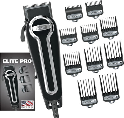 Wahl Elite Pro high performance corded hair clipper kit front view showing premium grooming accessories