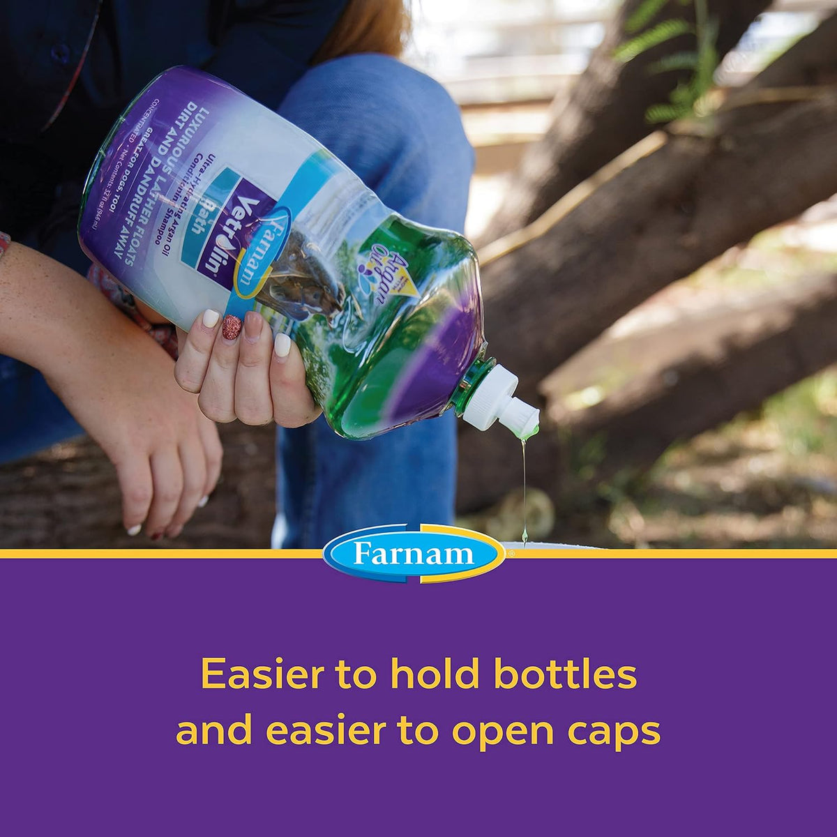 Farnam Vetrolin Bath shampoo bottle next to a horse