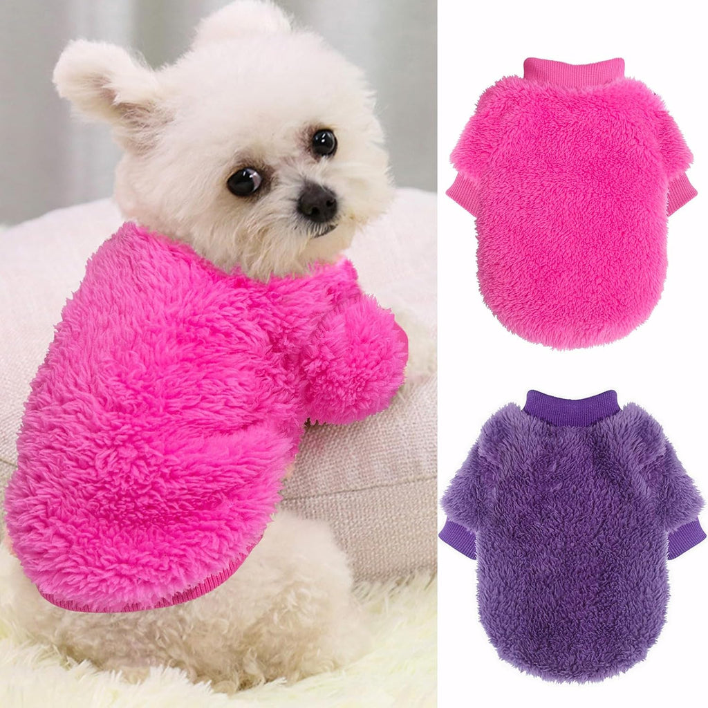 Generic 2 Pack XXS Dog Sweater front view showing the plush rose and purple fleece apparel on a small chihuahua.
