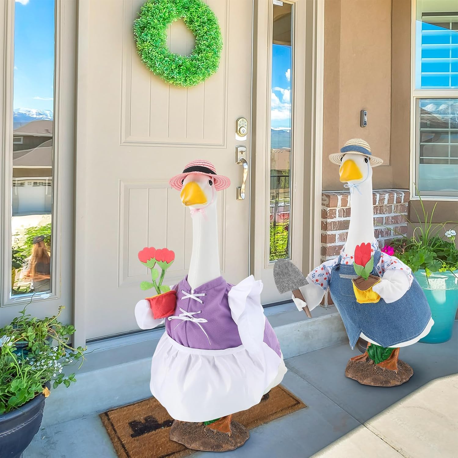 Two set seasonal lawn decoration clothes for twenty three inch geese statues.