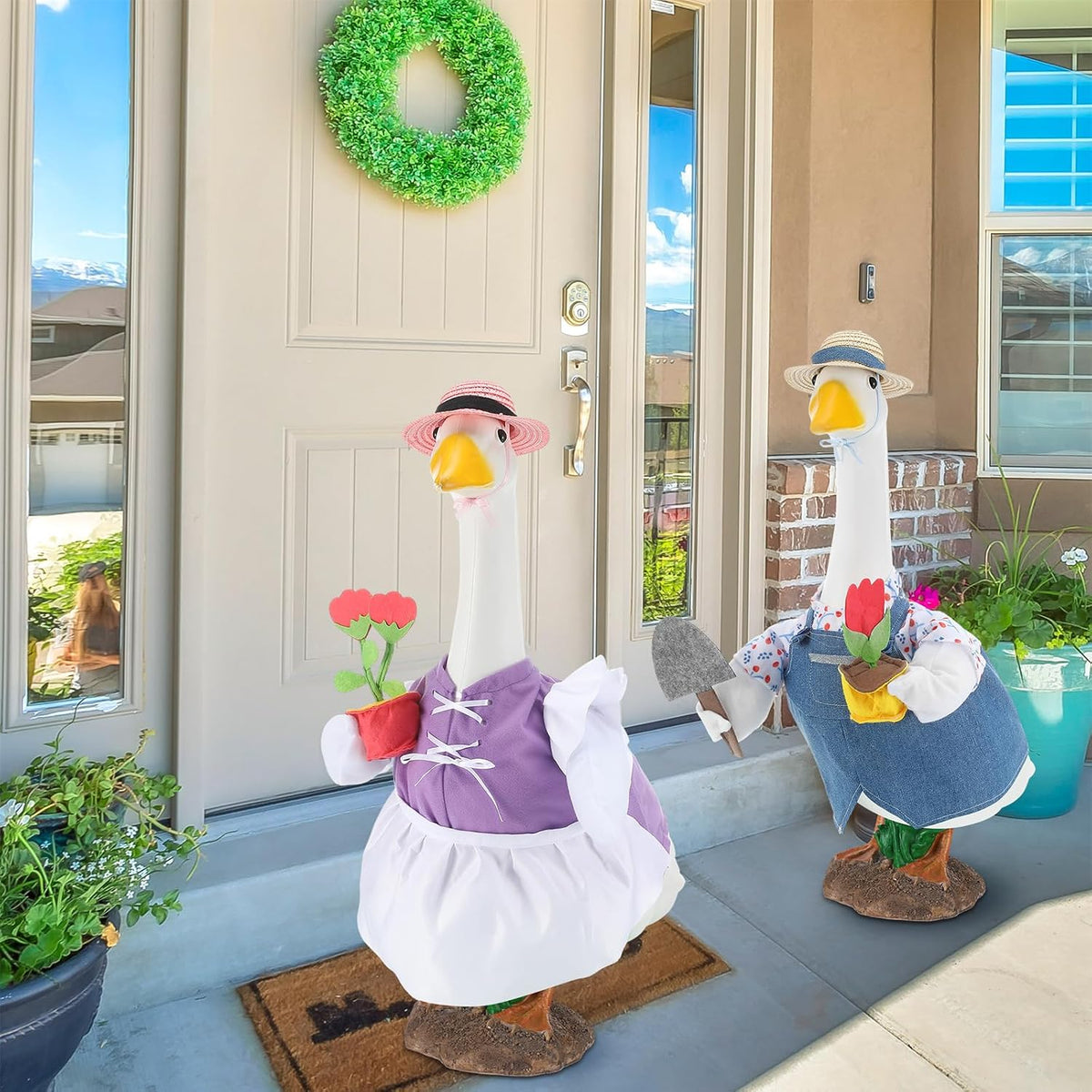 Two set seasonal lawn decoration clothes for twenty three inch geese statues.