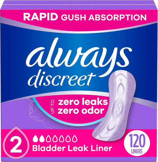 Always Discreet Incontinence Panty Liners front view packaging showing 120 count size 2